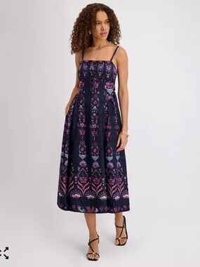 Kensie Square-Neck Printed Chiffon Midi Dress in Navy and Pink
